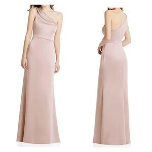 NWT LOVELY Shirred One-Shoulder Satin Trumpet Dress sz 10 Cameo